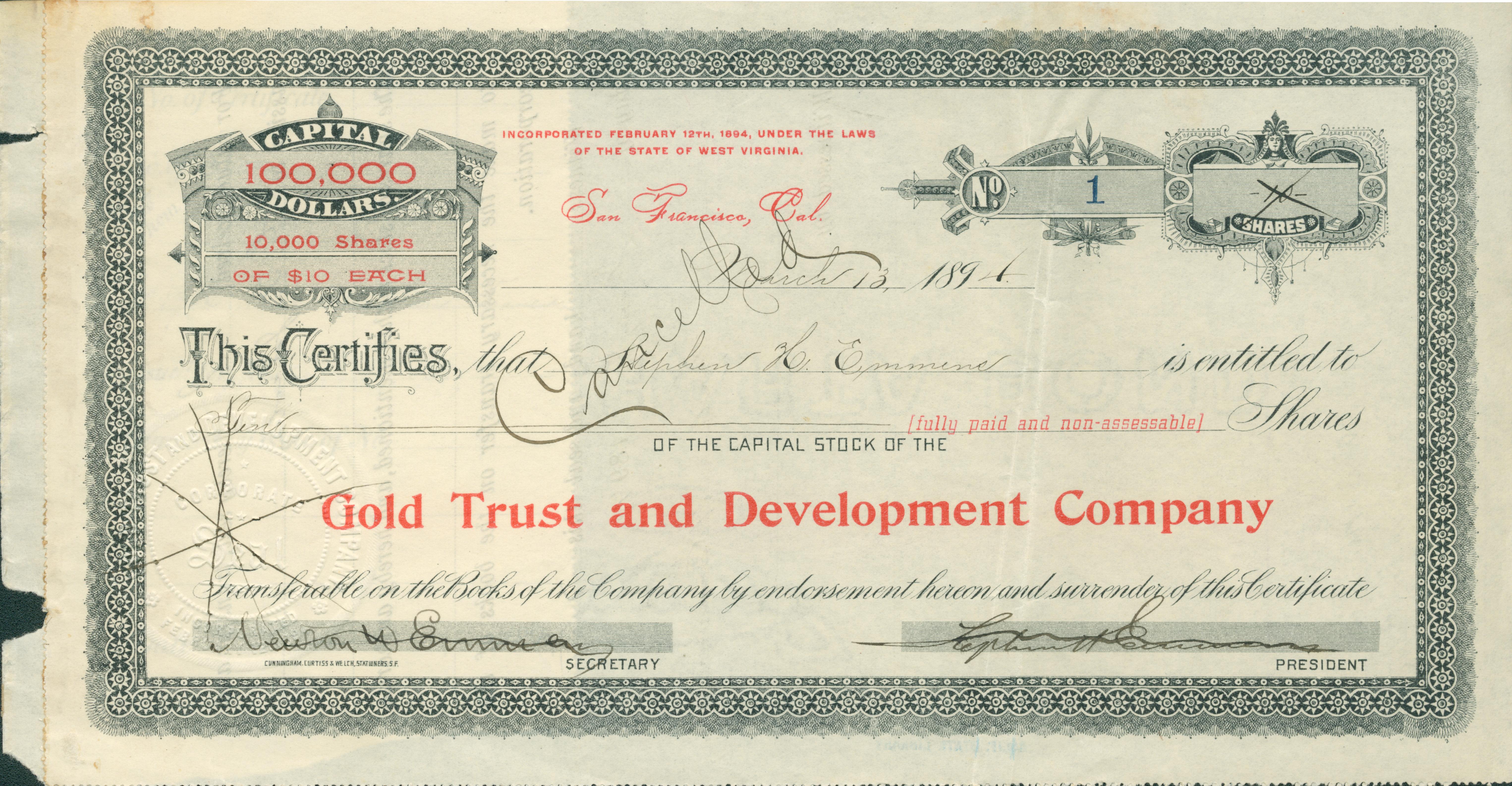Certificate No. 1 for 10,000 shares of $10 each to Stephen H. Emmens. Shows handwritten 